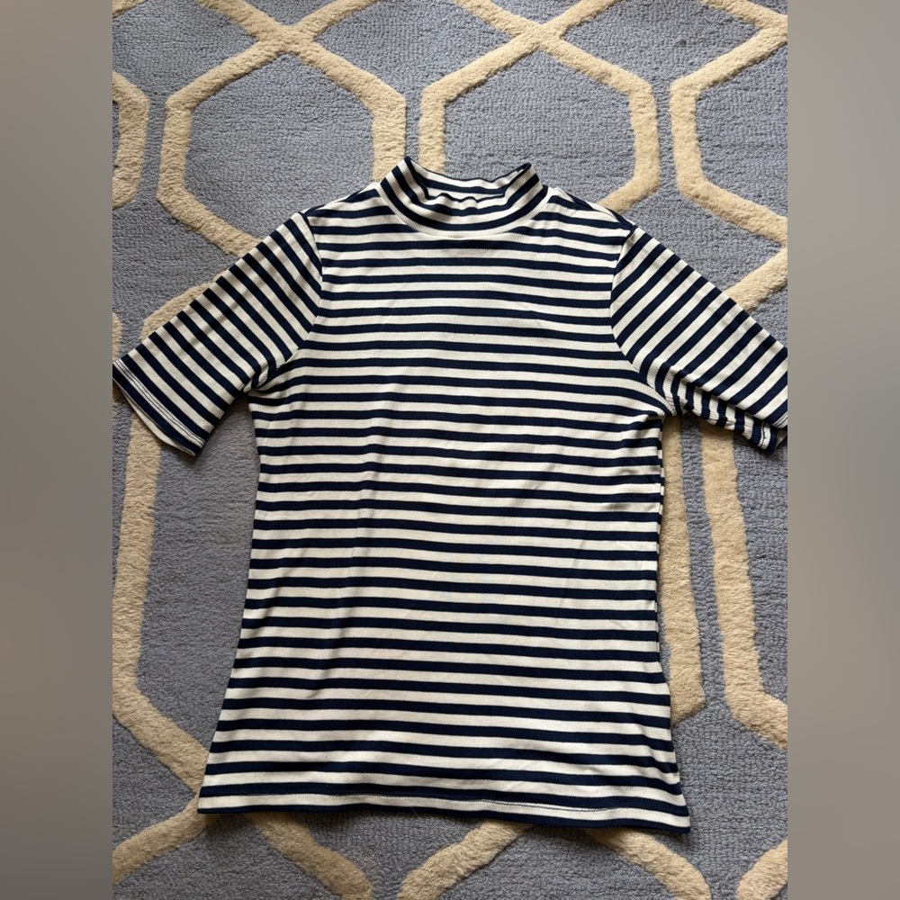 Madewell Navy and White Striped Mock Neck short sleeve Top